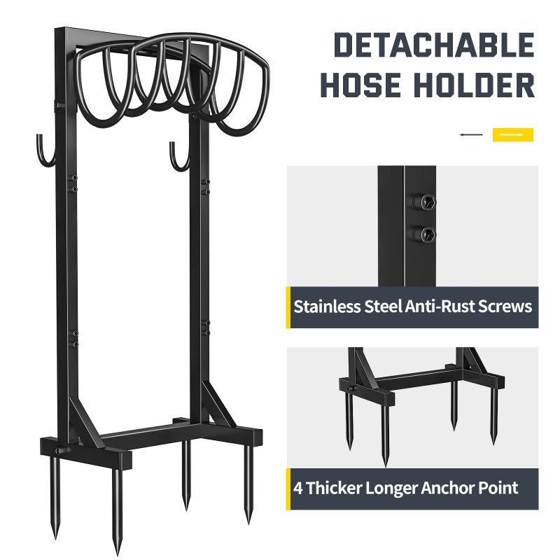 Kesfitt Garden Hose Holder Stand with 4 Spikes & 2 Tool Hooks, Detachable Heavy Duty Metal Freestanding Hose Reel Outdoor Organizer for Lawn Yard Water Storage Rack - Image 3