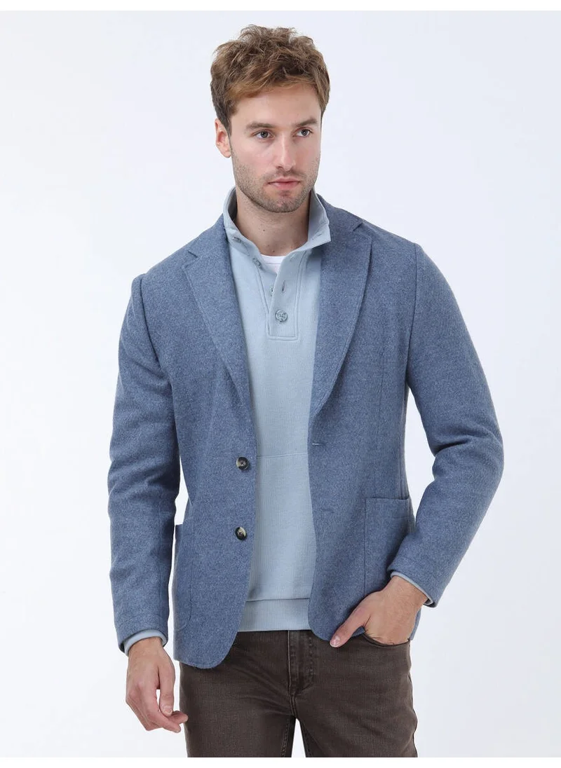 Kip Blue Plain Modern Fit Wool Blend Knitted Jacket