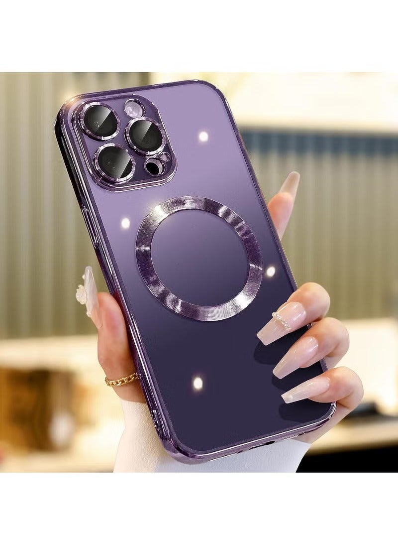 Rock Pow For iPhone 15 Pro Max Case with Integrated Camera Lens Protection [Seamless Work with Magsafe] [Metallic Glossy Soft Bumper] Diamond Clear Stylish Case for iPhone 15 Pro Max Purple Titanium - Image 1
