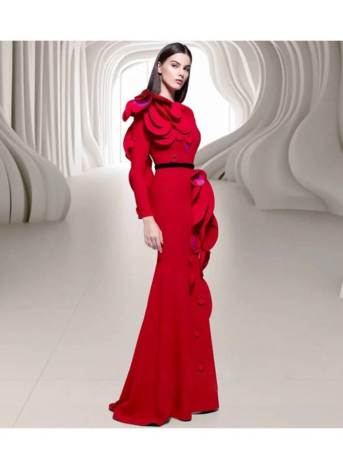 NIBEMINENT Fashionable Ladies' Evening Dress Long Dress, Heavy Industry Three-dimensional Petal Small Tail-end Long Dress  - Image 1