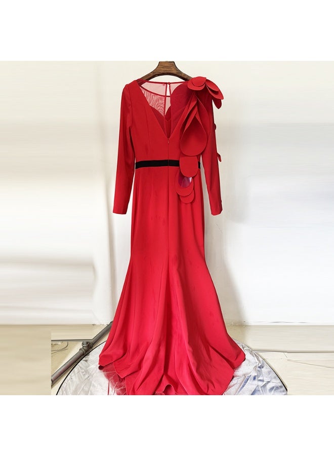 NIBEMINENT Fashionable Ladies' Evening Dress Long Dress, Heavy Industry Three-dimensional Petal Small Tail-end Long Dress  - Image 3