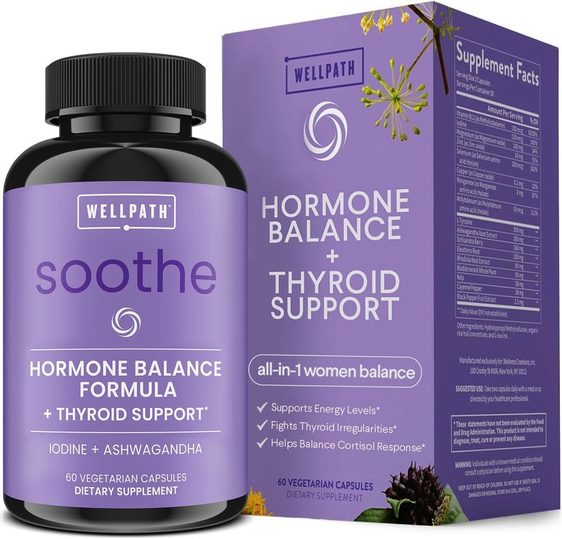 WellPath Soothe Hormone Balance for Women  Cortisol Supplements for Women  Thyroid Support Mood Support  Metabolism Booster  Adrenal Support  Rhodiola Selenium Iodine  Adaptogens 60 ct - Image 1