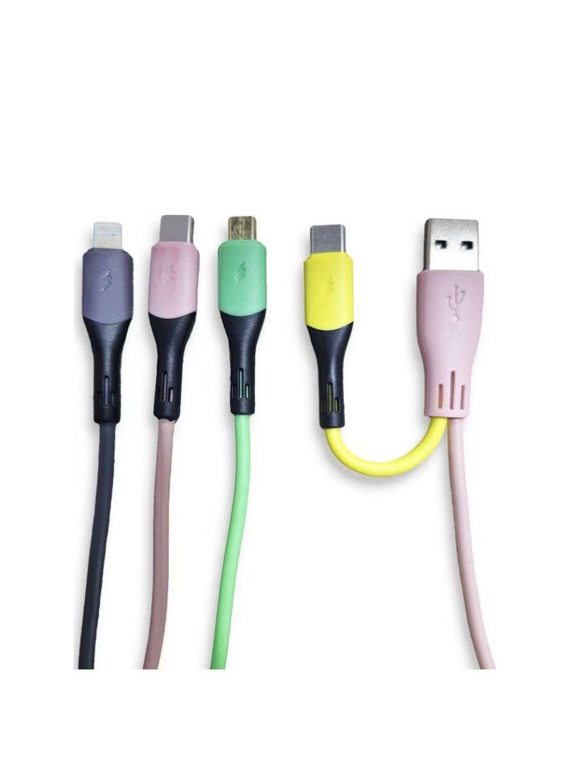 كابل USB 3 في 2 للشحن السريع بقوة 200 واط لأنظمة IOS و Android، 2 منفذ Type-C، 1 منفذ micro و iphone مناسب على نطاق واسع، مع حماية من الشحن الزائد - متعدد الألوان