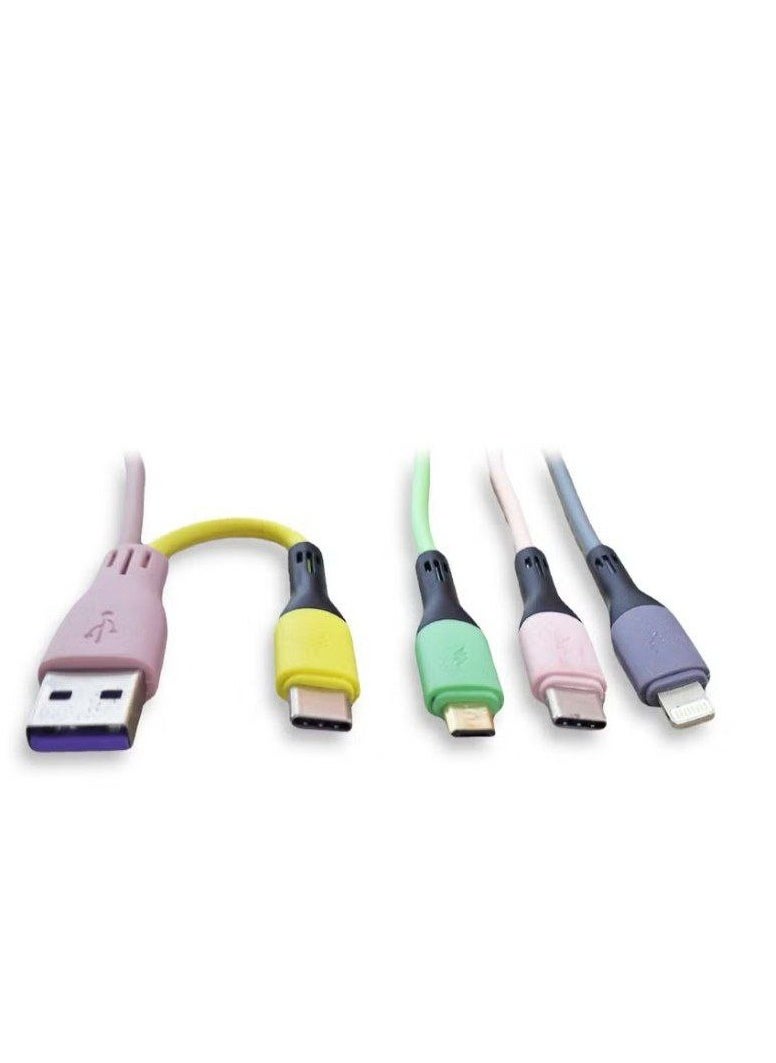 كابل USB 3 في 2 للشحن السريع بقوة 200 واط لأنظمة IOS و Android، 2 منفذ Type-C، 1 منفذ micro و iphone مناسب على نطاق واسع، مع حماية من الشحن الزائد - متعدد الألوان