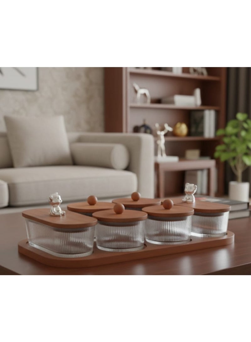 طبق تسالى جامبو مكون من 2 بولة بيضاوى كبيرة بغطاء خشب 4 بولة كدورة بغطاء خشب صينية خشب - Image 1