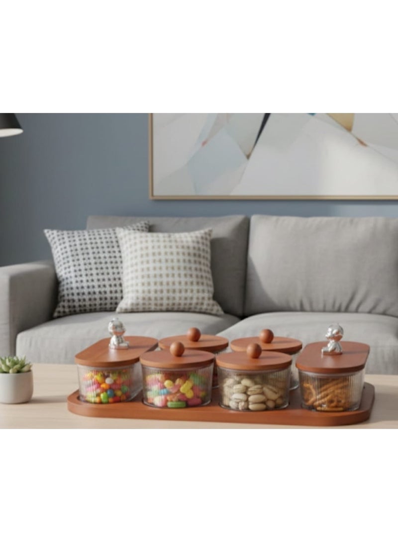 طبق تسالى جامبو مكون من 2 بولة بيضاوى كبيرة بغطاء خشب 4 بولة كدورة بغطاء خشب صينية خشب - Image 2