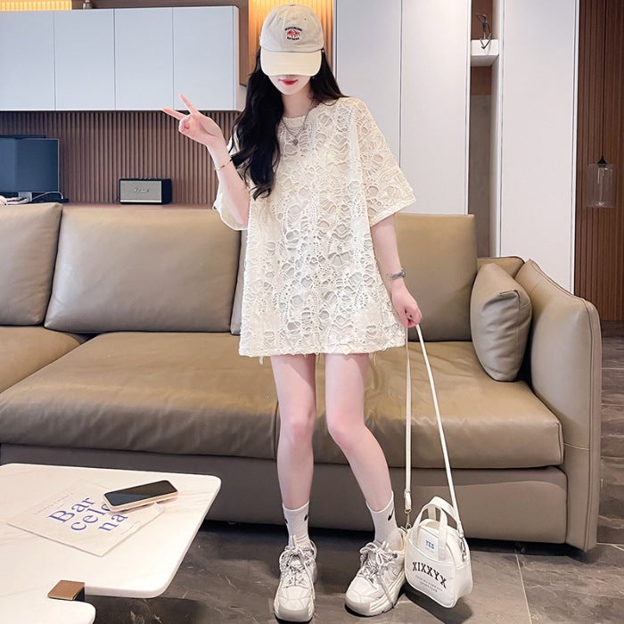 Back Bag Collar | Summer Long Hollow Short Sleeve Hole T-Shirt - Image 1