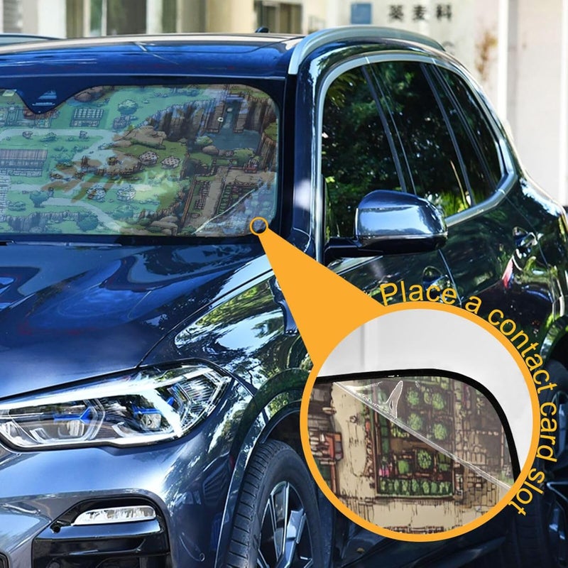 KLL Automotive Interior Sun Protection, Folding Reflective Sun para sol de carro Interior 57x31.5 Inch, Pixel Art Style Valley Village Map - Image 3