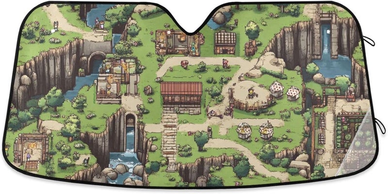 KLL Automotive Interior Sun Protection, Folding Reflective Sun para sol de carro Interior 57x31.5 Inch, Pixel Art Style Valley Village Map - Image 1