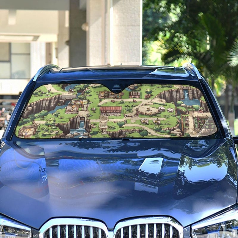 KLL Automotive Interior Sun Protection, Folding Reflective Sun para sol de carro Interior 57x31.5 Inch, Pixel Art Style Valley Village Map - Image 4