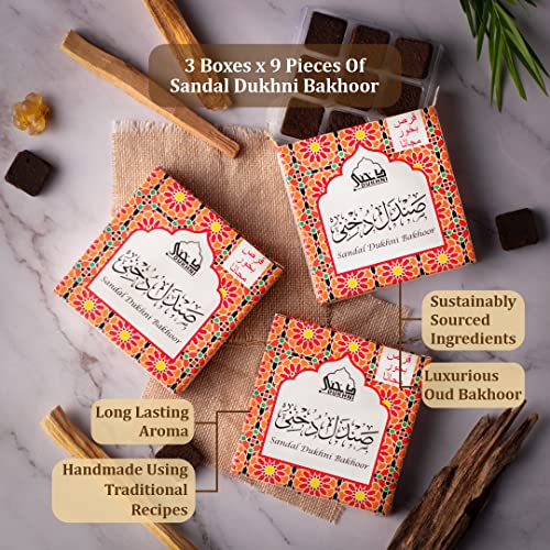 DUKHNI Sandal Bakhoor by Dukhni | 3 Boxes x 9 Piece Each | Arabic Bakhoor Incense | Sandalwood Blend | Perfect for Prayer Time | to Relax & Meditate | Handmade Traditional Recipe - Image 2