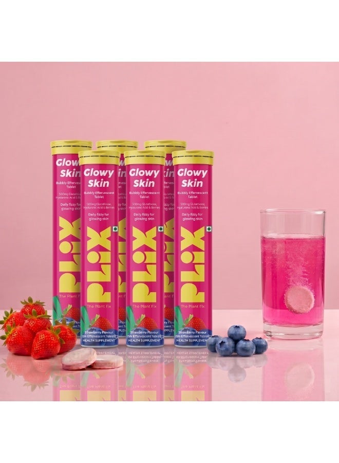 PLIX-THE PLANT FIX Glowy Skin Effervescent Tablets | 500mg L-Glutathione | Hyaluronic Acid | Vitamin C & E | Plant-Based Ingredients | Sugar-free | For Daily Use (Pack of 6)