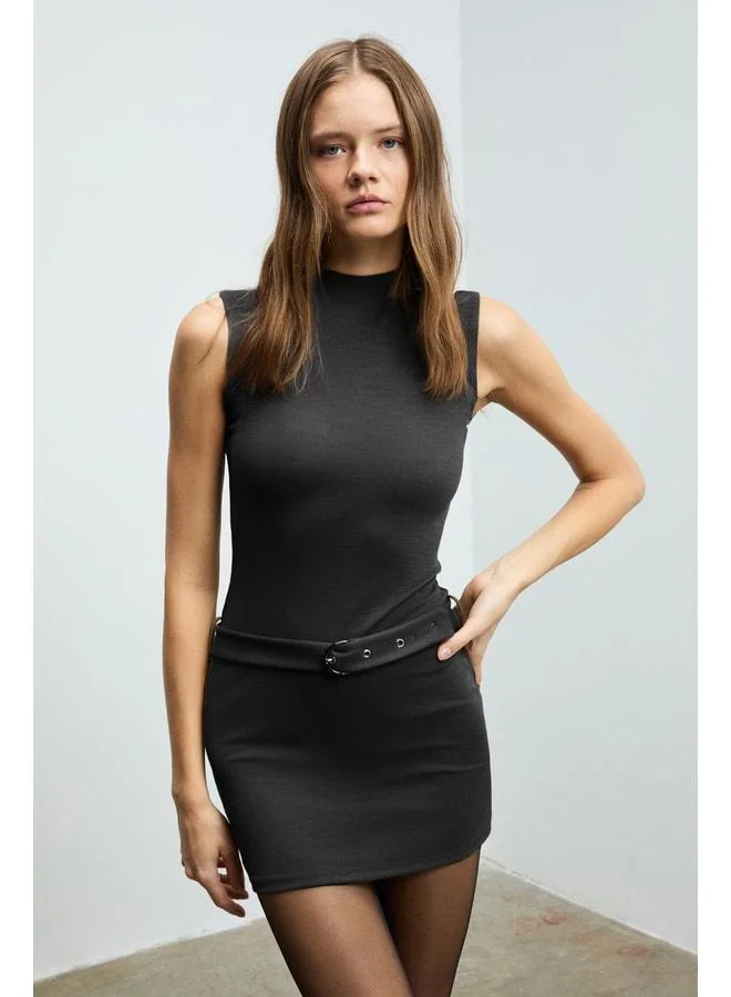 GRIMELANGE ELIARA Women's Half-Fisherman Collar Sleeveless Adjustable Waist Belt Mini Black Dress.