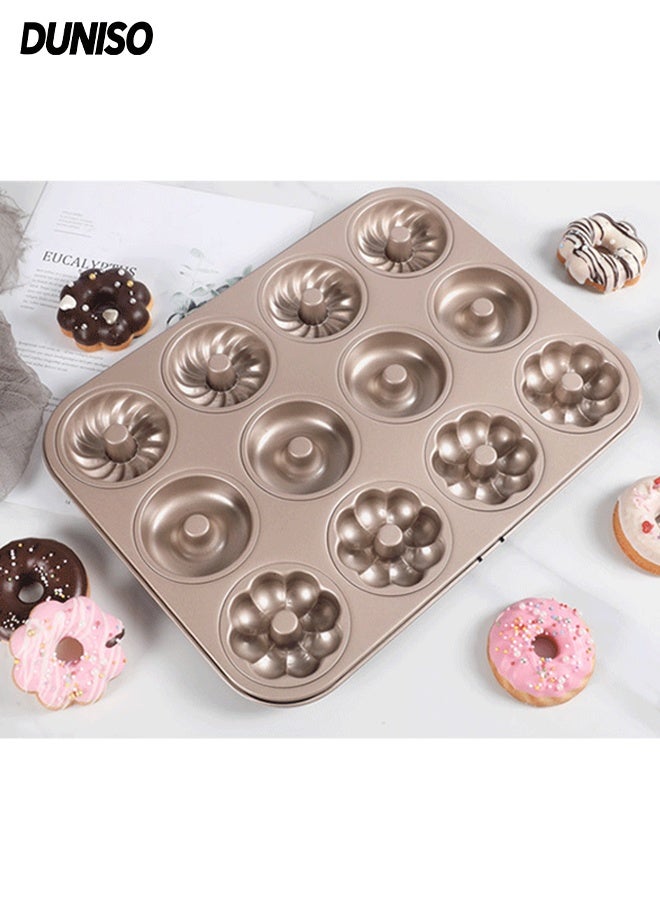 DUNISO Baking Mold Tray 12 Cavities Carbon Steel Baking Mold Tray for Doughnut Flower Shape Household Donut Molds Baking Pan Cake Mold Pan Nonstick Baking Pans for Make Cookies,Cake - Image 1