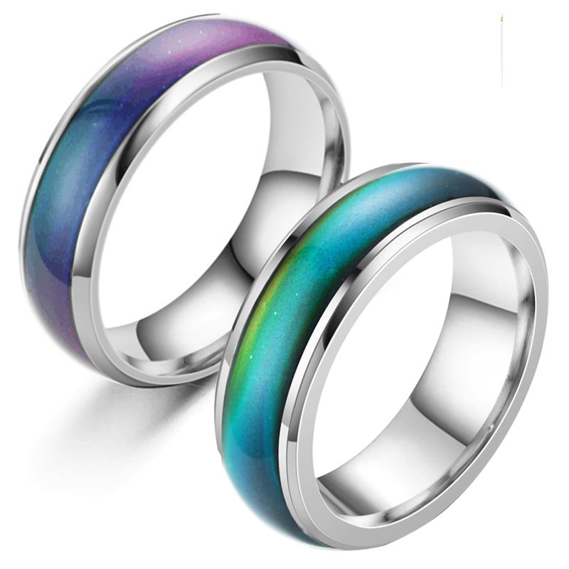 Viseaga 2 Pcs Mood Rings for Kids Men Women With Color Mood Chart Stainless Steel Band Mood Jewelry Size 6 & 7 - Image 1