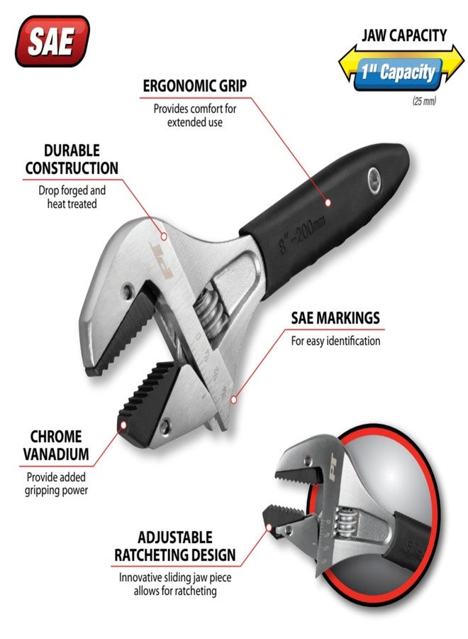 Performance Tool W30625 8 In. Ratcheting Adjustable Wrench - Sliding Jaw, Adjustable, Chrome Vanadium Directional Teeth, Black - Image 2