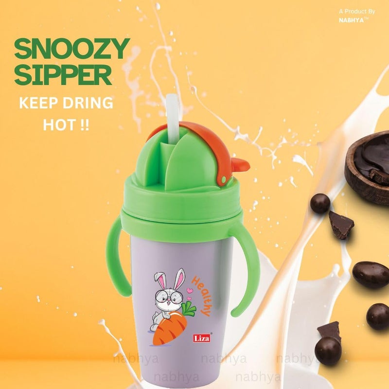 Nabhya Hot & Cold Insulated Stainless Steel 360ml BPA-Free Cute Animal Design Baby Sipper Kids Water Bottle with Straw and Side Handle for Kids (Purple) - Image 5