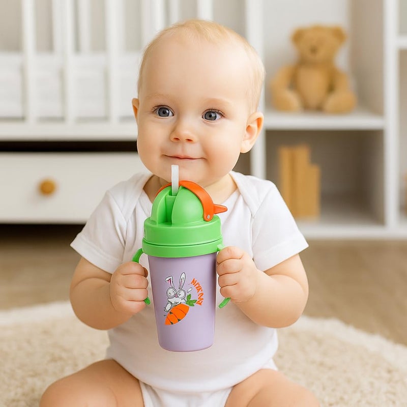 Nabhya Hot & Cold Insulated Stainless Steel 360ml BPA-Free Cute Animal Design Baby Sipper Kids Water Bottle with Straw and Side Handle for Kids (Purple) - Image 3