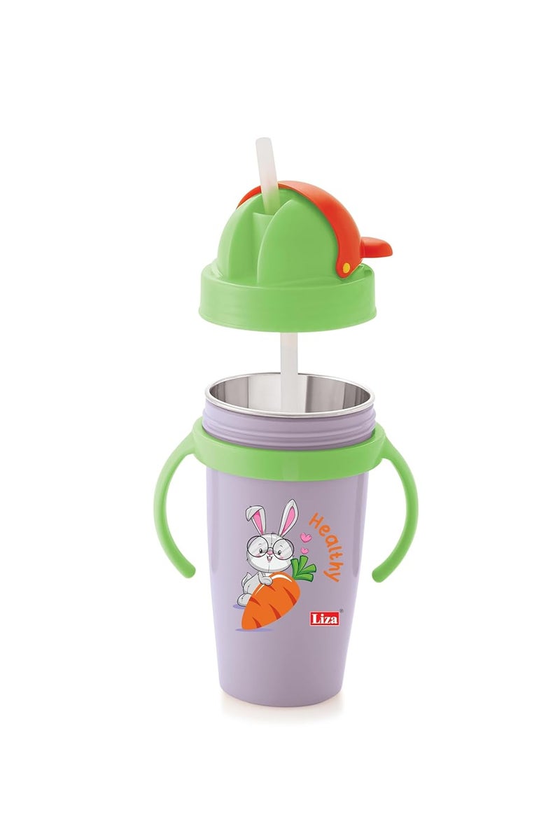 Nabhya Hot & Cold Insulated Stainless Steel 360ml BPA-Free Cute Animal Design Baby Sipper Kids Water Bottle with Straw and Side Handle for Kids (Purple) - Image 1