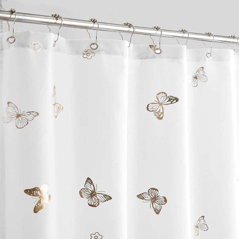 Jubilantex Butterfly Shower Curtain for Bathroom, White Gold Print Farmhouse Waterproof Bathroom Decorative Rustic Kids Shower Curtain with 12 Rust Proof Grommets for Spa Hotel, 70x76 Inches - Image 2