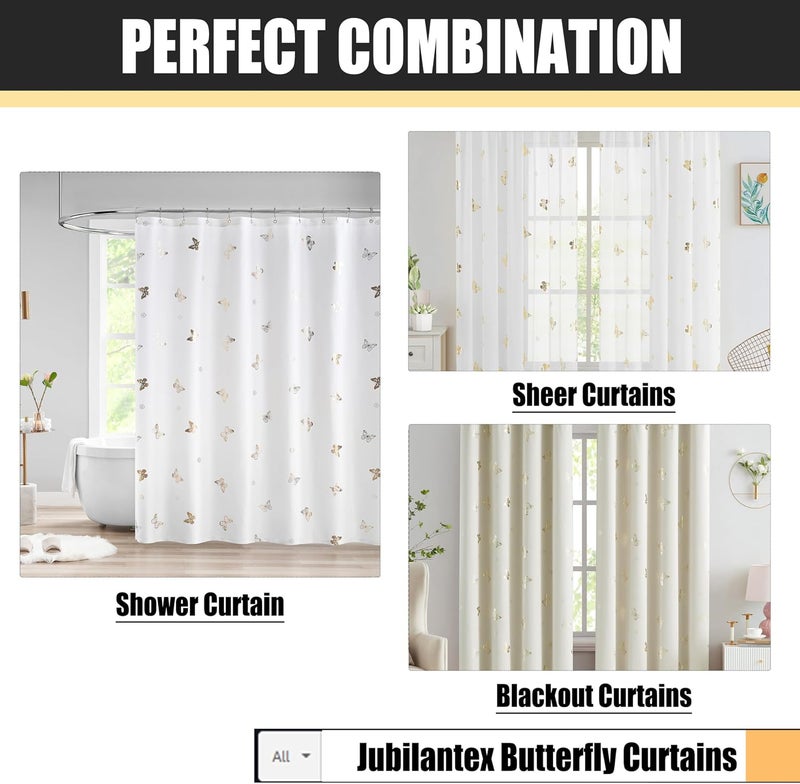 Jubilantex Butterfly Shower Curtain for Bathroom, White Gold Print Farmhouse Waterproof Bathroom Decorative Rustic Kids Shower Curtain with 12 Rust Proof Grommets for Spa Hotel, 70x76 Inches - Image 5