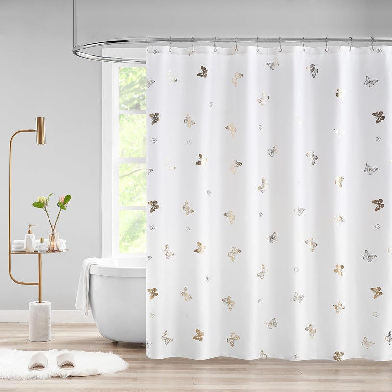 Jubilantex Butterfly Shower Curtain for Bathroom, White Gold Print Farmhouse Waterproof Bathroom Decorative Rustic Kids Shower Curtain with 12 Rust Proof Grommets for Spa Hotel, 70x76 Inches - Image 1