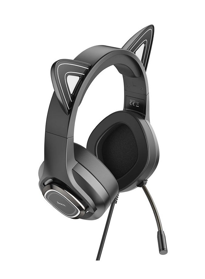 هوكو سماعات رأس W107 بتصميم قطة لطيفة - سلكية للألعاب | 3.5 مم + USB-A | تصميم أذن قطة LED | ميكروفون طويل | سدادات أذن جلدية - Image 2