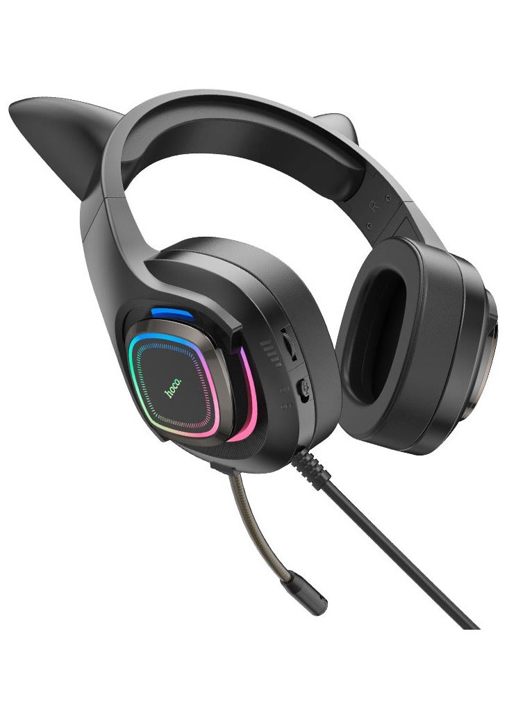 هوكو سماعات رأس W107 بتصميم قطة لطيفة - سلكية للألعاب | 3.5 مم + USB-A | تصميم أذن قطة LED | ميكروفون طويل | سدادات أذن جلدية - Image 3