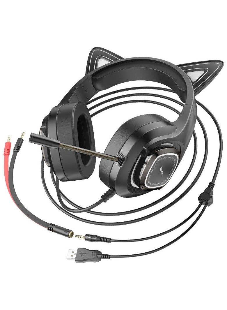 هوكو سماعات رأس W107 بتصميم قطة لطيفة - سلكية للألعاب | 3.5 مم + USB-A | تصميم أذن قطة LED | ميكروفون طويل | سدادات أذن جلدية - Image 5