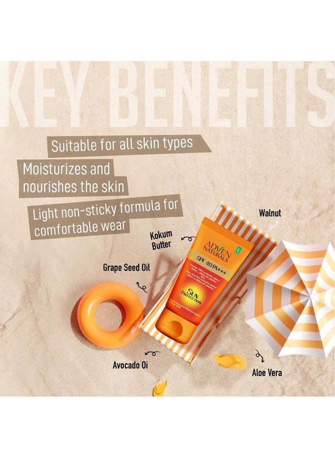 Adven Naturals Sun Protection Cream SPF 40 PA+++ | Broad Spectrum UVA/UVB + Blue Light Protection | Sweat & Water Resistant Sunscreen | Non-Greasy, No White Cast | All Skin Types | 2 x 100g - Image 5