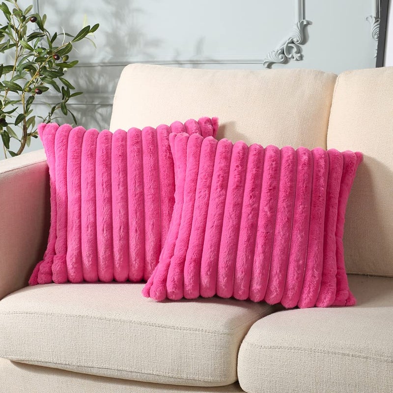 Soleebee Set of 2 Throw Pillow Covers Soft Cozy Velvet Pillowcase Faux Rabbit Fur Cover for Couch Sofa Bed Chair Home Decorative Pillows Cover (24x24 Inch  HOT Pink) - Image 3