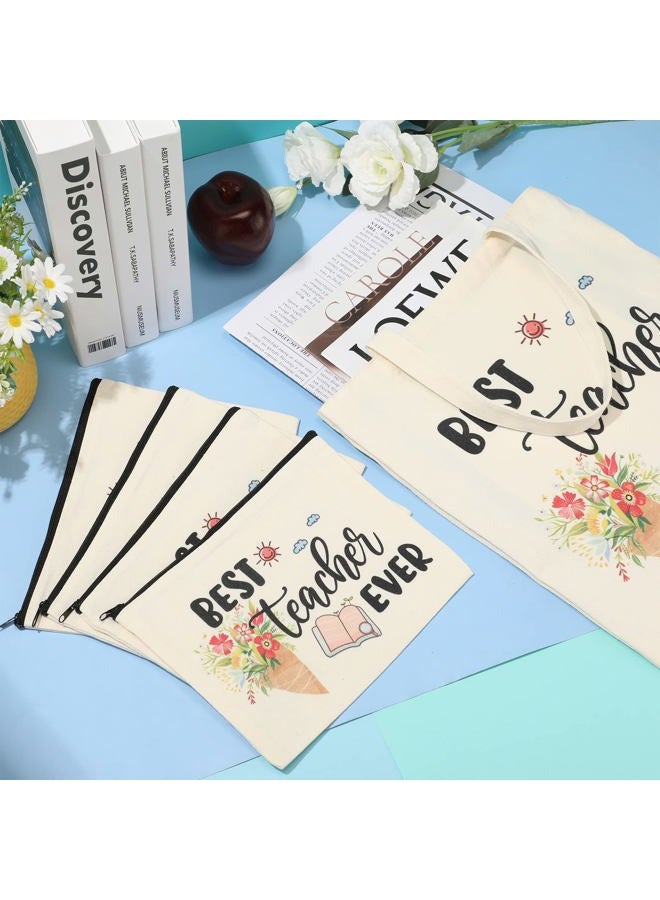 Kacctyen 12 Pcs Teacher Graduation Appreciation Gifts 6 Canvas Totes Bag 6 Makeup Pouch Cosmetic Bags Teacher Gifts(Best Teacher Ever) - Image 5
