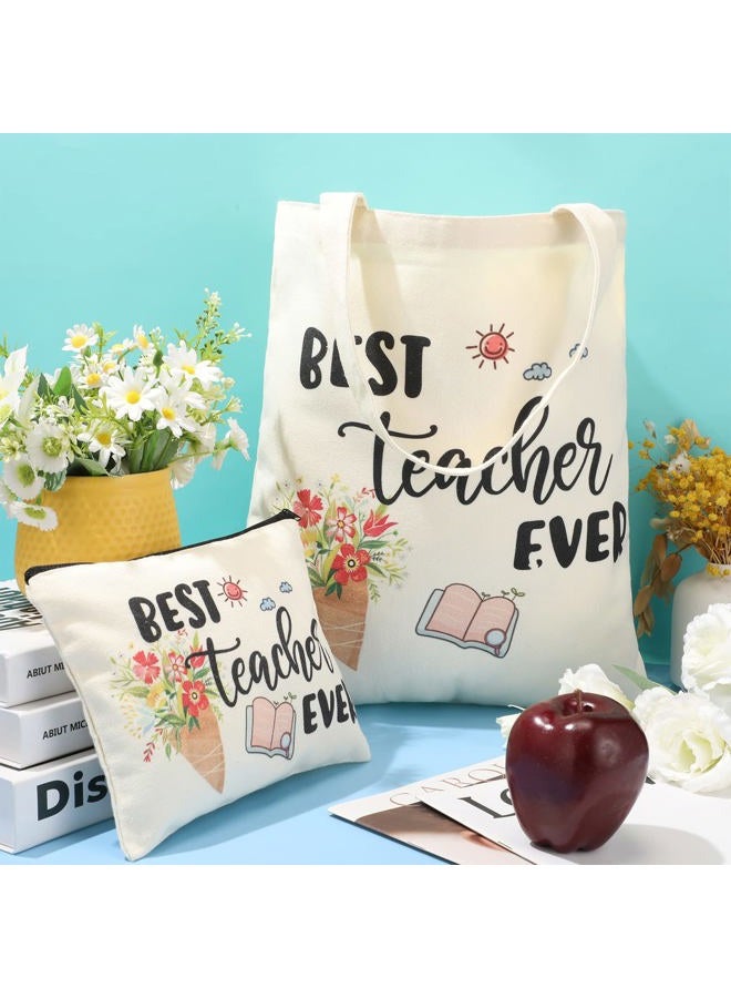 Kacctyen 12 Pcs Teacher Graduation Appreciation Gifts 6 Canvas Totes Bag 6 Makeup Pouch Cosmetic Bags Teacher Gifts(Best Teacher Ever) - Image 3