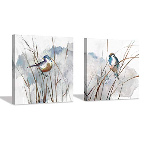 Hardy Gallery Abstract Bird Picture Wall Art: Animal Birds on Reed Artwork Painting on Canvas for Living Room (16” x 16” x 2 Panels) - Image 1