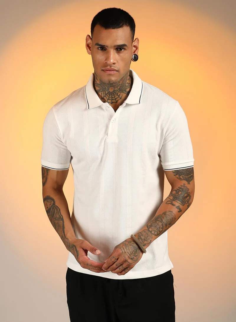 Men's Chalk White Lined-Knit Polo T-Shirt