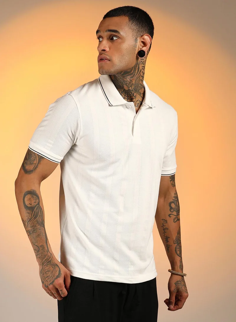 Campus Sutra  Men's Chalk White Lined-Knit Polo T-Shirt for Men | Best Price UAE