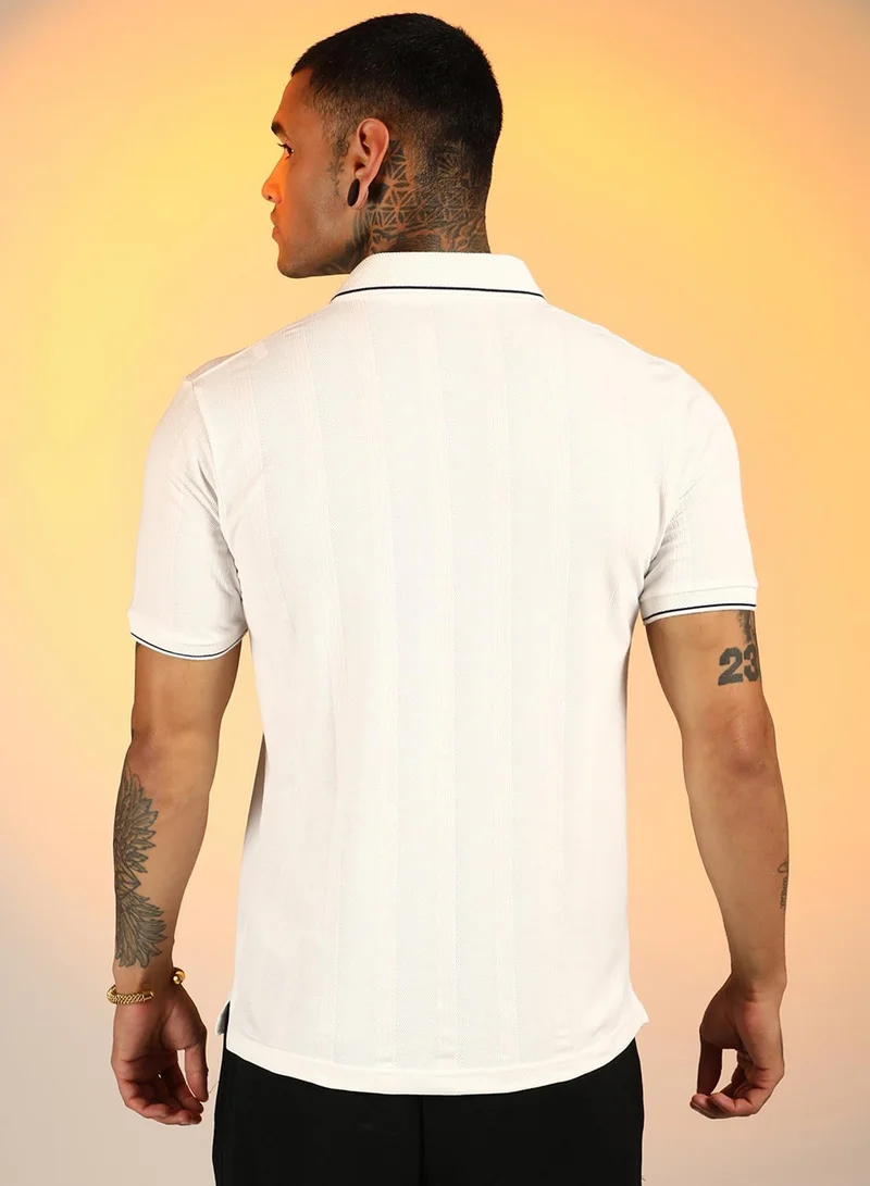 Campus Sutra  Men's Chalk White Lined-Knit Polo T-Shirt for Men | Best Price UAE