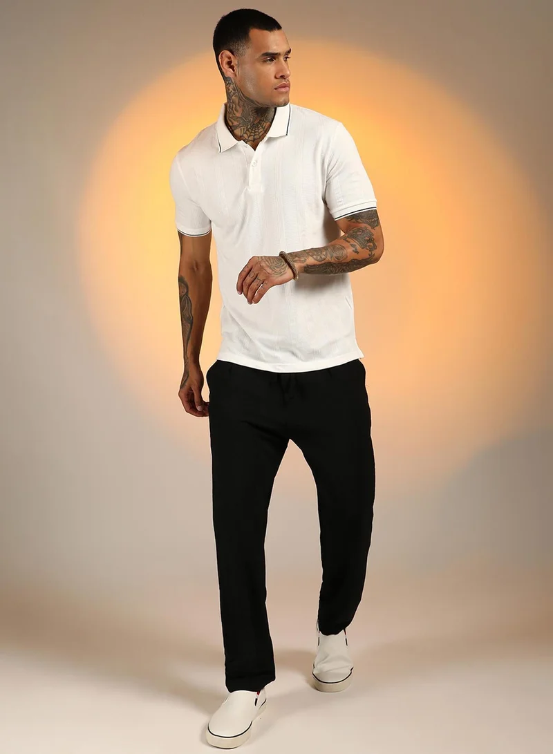 Campus Sutra  Men's Chalk White Lined-Knit Polo T-Shirt for Men | Best Price UAE