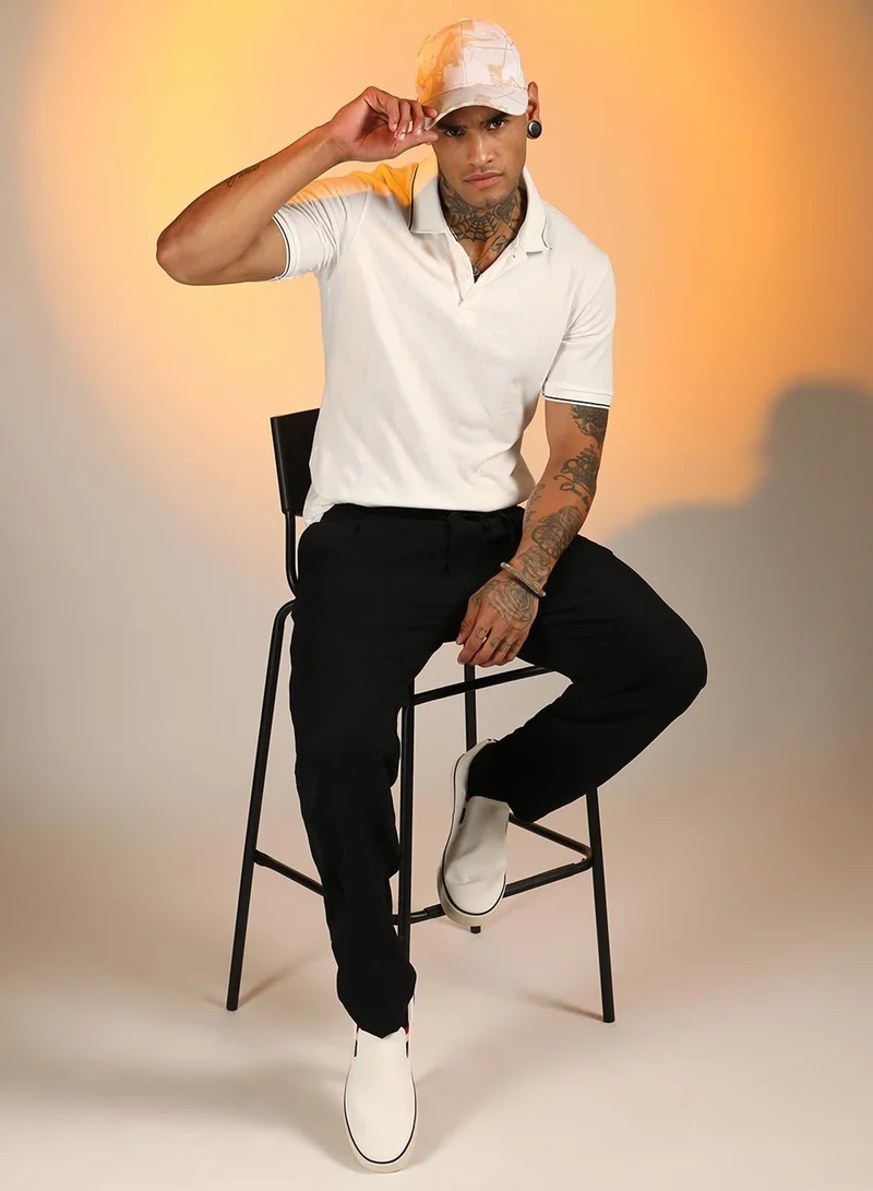 Campus Sutra  Men's Chalk White Lined-Knit Polo T-Shirt for Men | Best Price UAE