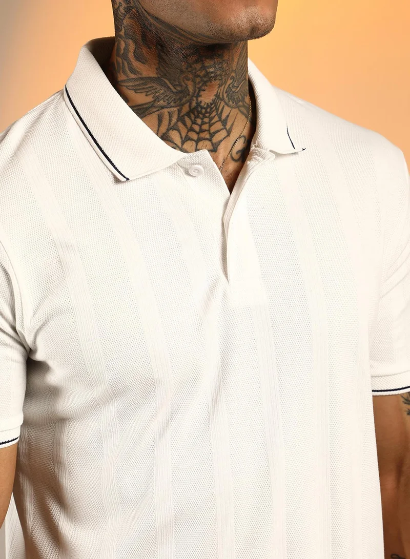 Campus Sutra  Men's Chalk White Lined-Knit Polo T-Shirt for Men | Best Price UAE