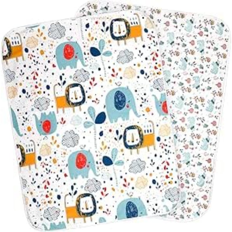 Baby Waterproof Bed Pad, 31x40 Inch, Washable Mattress Protector with Organic Cotton, 3 Layer Protection, Elephant and Lion Print, 2 Pack - Image 1