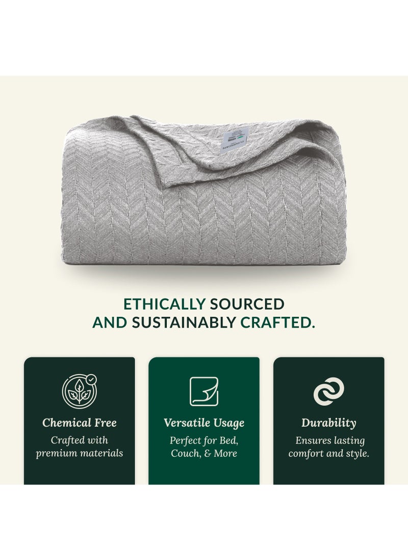 Cloud Scape Linen 100% Cotton Herringbone Blanket for All Season, Soft and Breathable Thermal Blanket,Light Grey  - Image 5