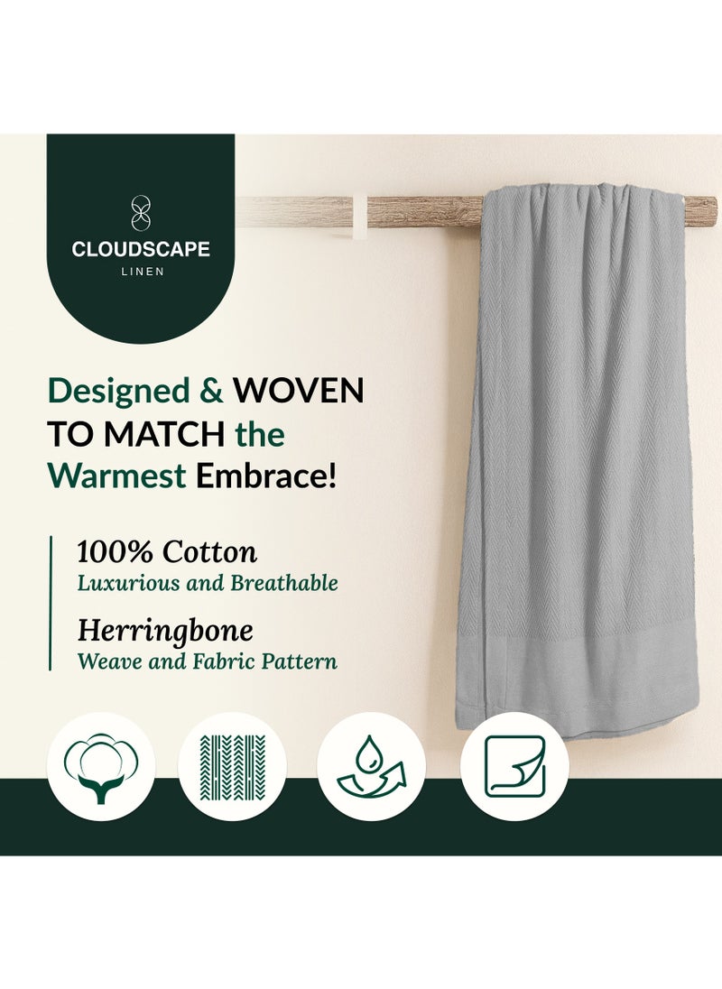 Cloud Scape Linen 100% Cotton Herringbone Blanket for All Season, Soft and Breathable Thermal Blanket,Light Grey  - Image 3
