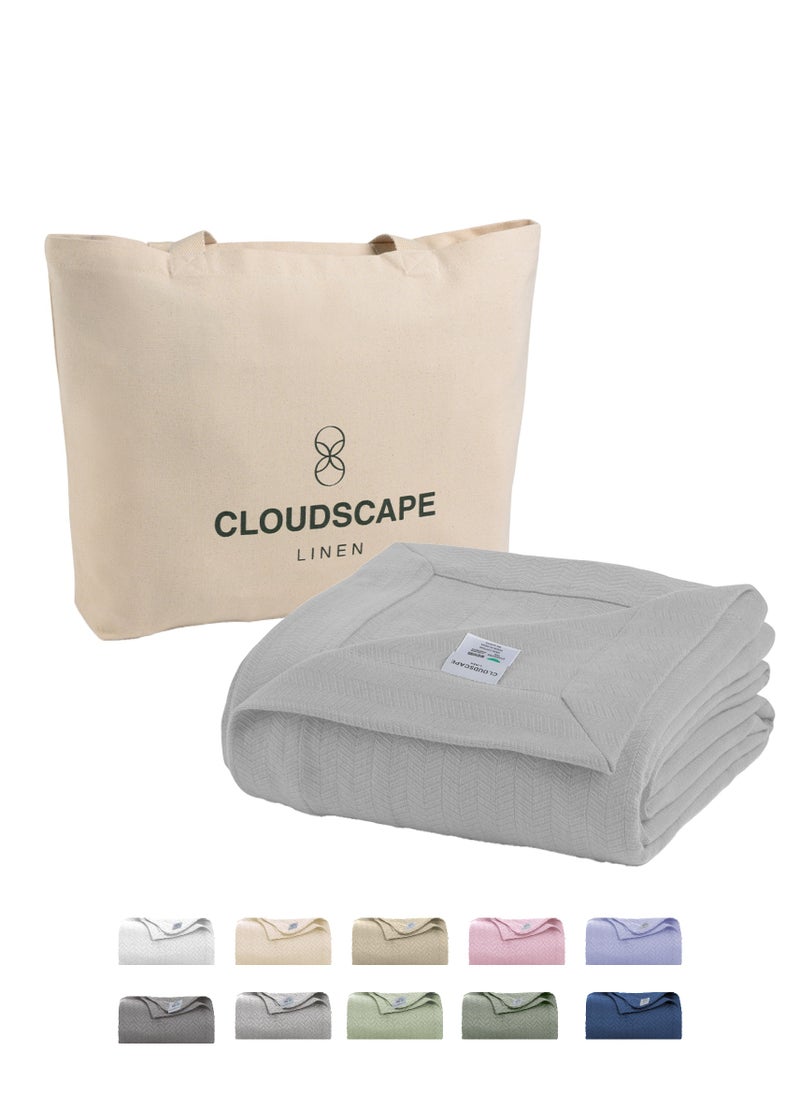 Cloud Scape Linen 100% Cotton Herringbone Blanket for All Season, Soft and Breathable Thermal Blanket,Light Grey  - Image 1