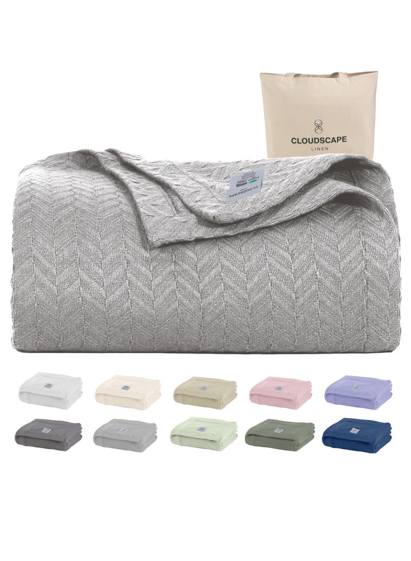 كلاود سكيب لينين 100% Cotton Herringbone Blanket for All Season, Soft and Breathable Thermal Blanket,Light Grey  - Image 1
