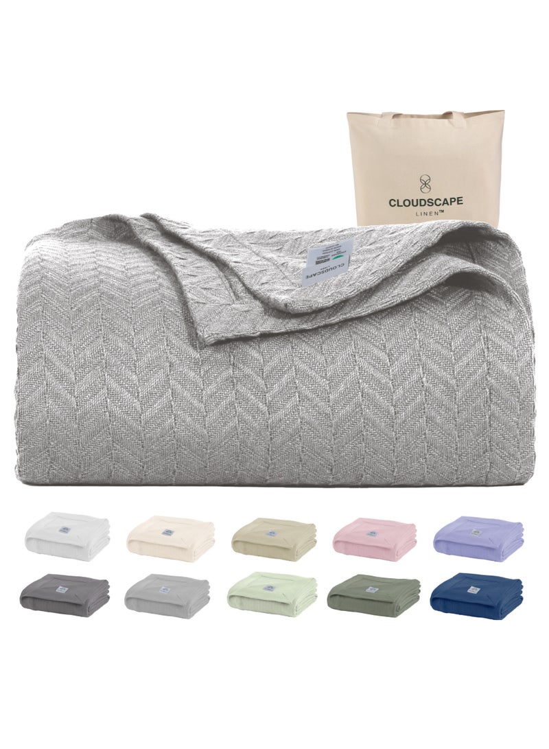 Cloud Scape Linen 100% Cotton Herringbone Blanket for All Season, Soft and Breathable Thermal Blanket,Light Grey - Image 2