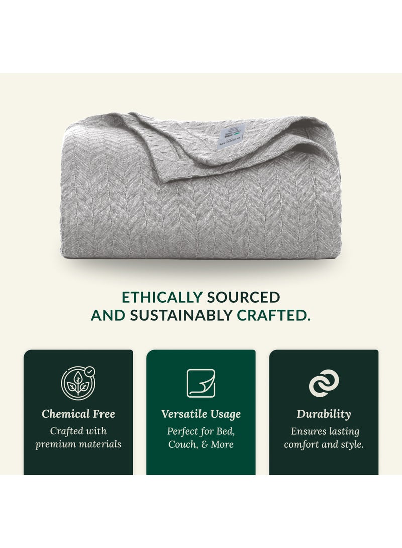 Cloud Scape Linen 100% Cotton Herringbone Blanket for All Season, Soft and Breathable Thermal Blanket,Light Grey - Image 4