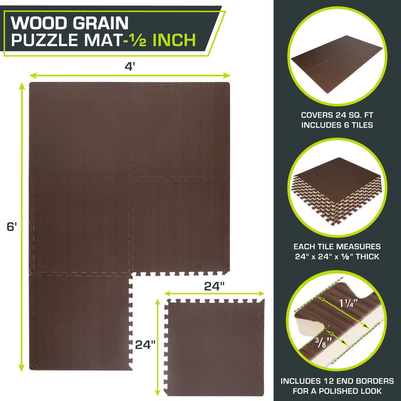 ProsourceFit Wood Grain Puzzle Mat 1/2-in, 6 EVA Foam Interlocking Floor Tiles (24SQ FT) for Secure Indoor Room Workout Flooring and Playmat, Dark Walnut - Image 2