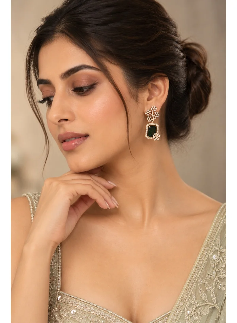 Lehar Emerald Green Color Floral Drop Earrings - Gold Tone Indian Bridal Jewelry