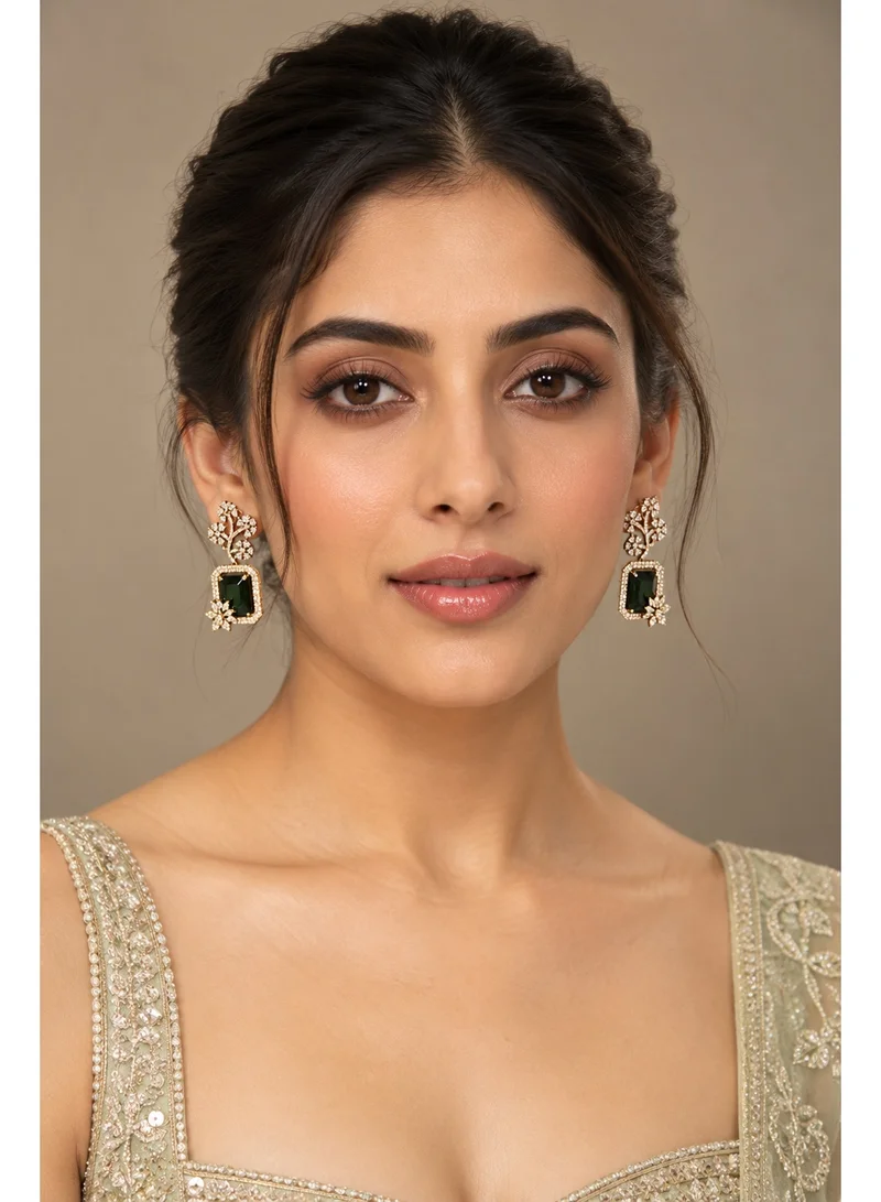 Lehar Emerald Green Color Floral Drop Earrings - Gold Tone Indian Bridal Jewelry